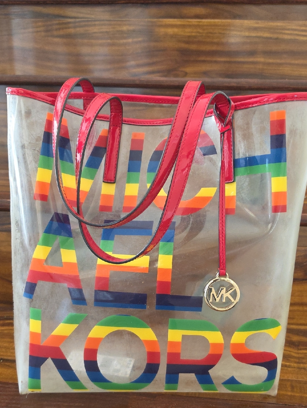Michael Kors Rainbow Logo Clear Tote with Red Handles
